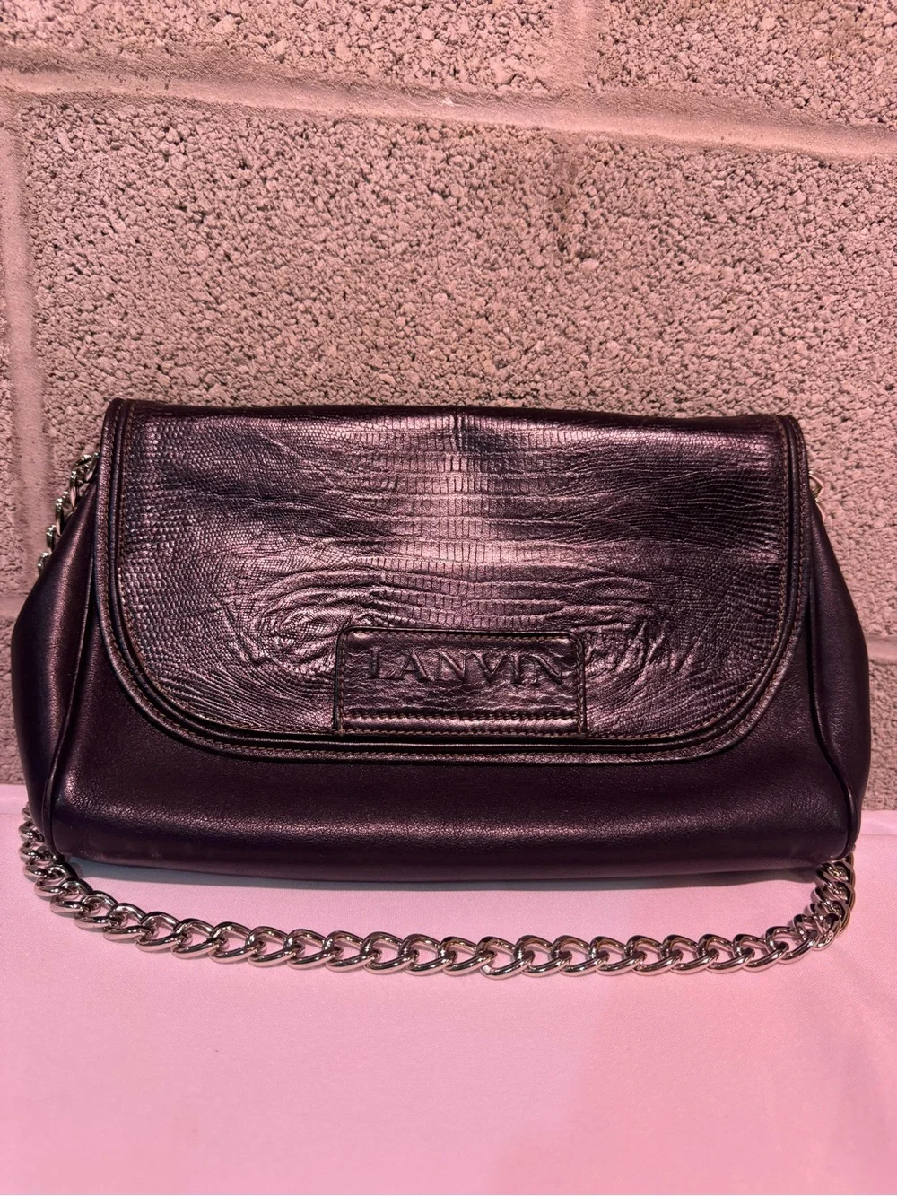 Vintage Lanvin Paris Embossed Leather Flap Chain Shoulder Bag